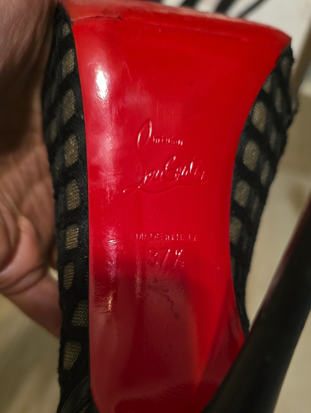Christian Louboutin Black Mesh Lace-Up Peep-Toe 100 Heels Size (37-1/2) - Picture 10 of 15